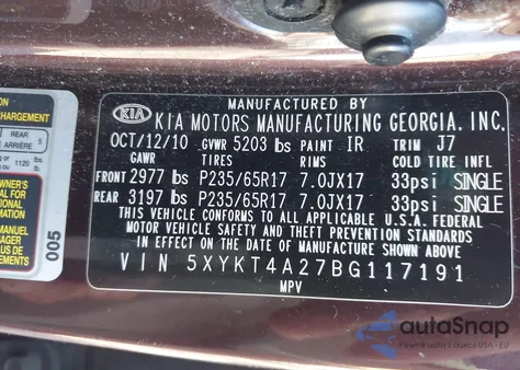 2011 Kia Sorento Lx V6 z USA, uszkodzony, nr VIN 5XYKT4A27BG117191